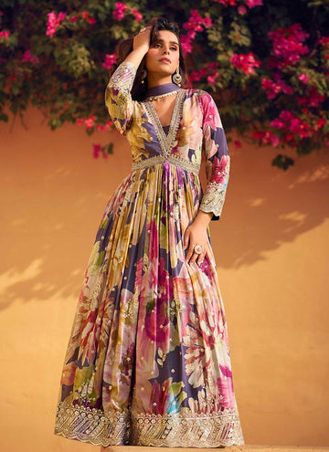Multicolor Chinon silk embroidered gown with embroidery work for party and festival